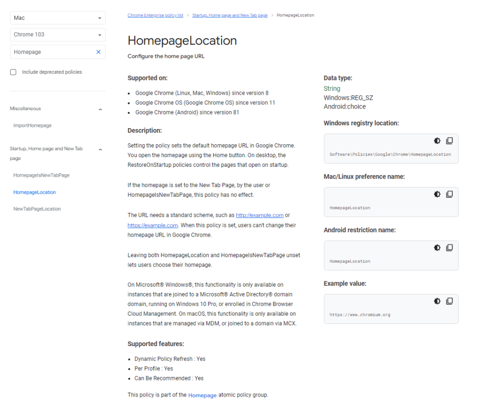Searching for Homepage policy for macOS